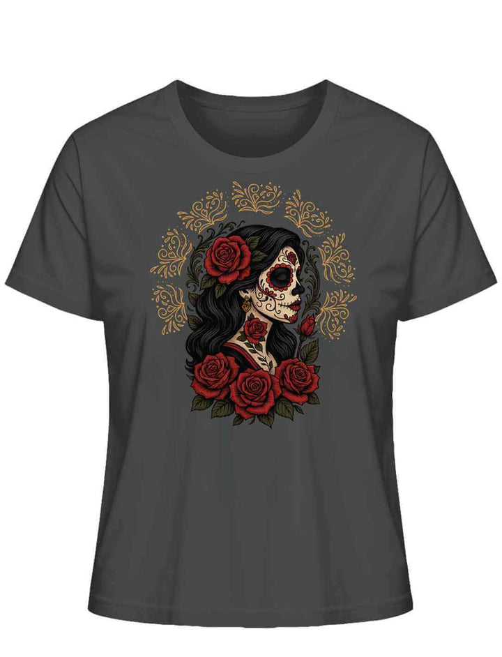 Anthrazitfarbenes Damen Organic Shirt „Catrina de las Rosas“ – La Catrina mit Rosen, inspiriert vom Día de los Muertos