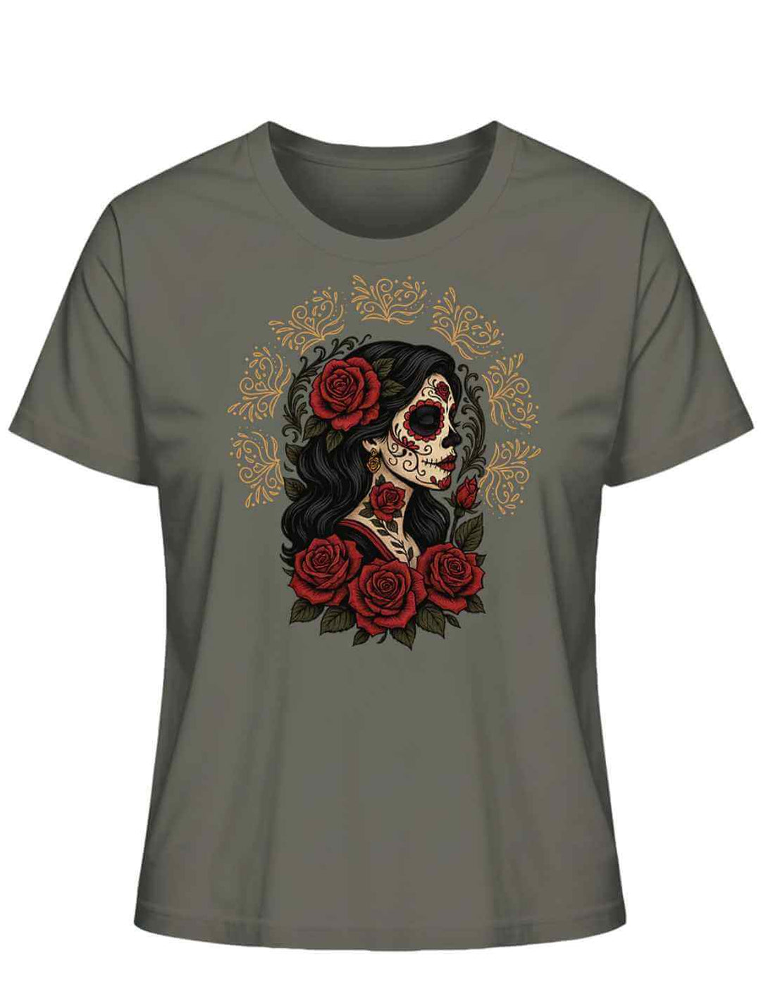 haki Damen Organic Shirt „Catrina de las Rosas“ – mexikanische La Catrina mit Rosen, Symbol für Erinnerung und Tradition