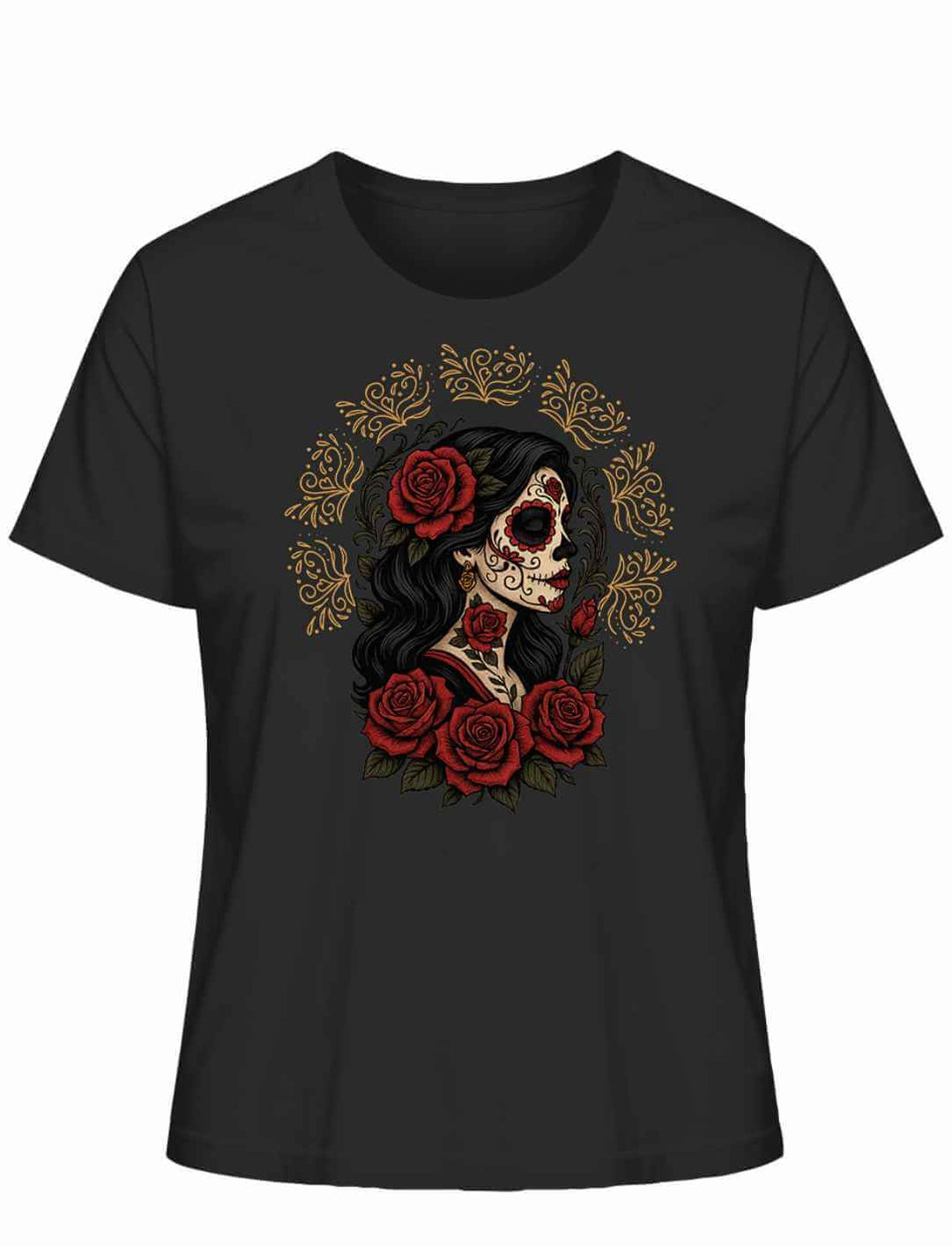 Schwarzes Damen Organic Shirt „Catrina de las Rosas“ – La Catrina mit Rosen, Symbol für Eleganz und Erinnerung