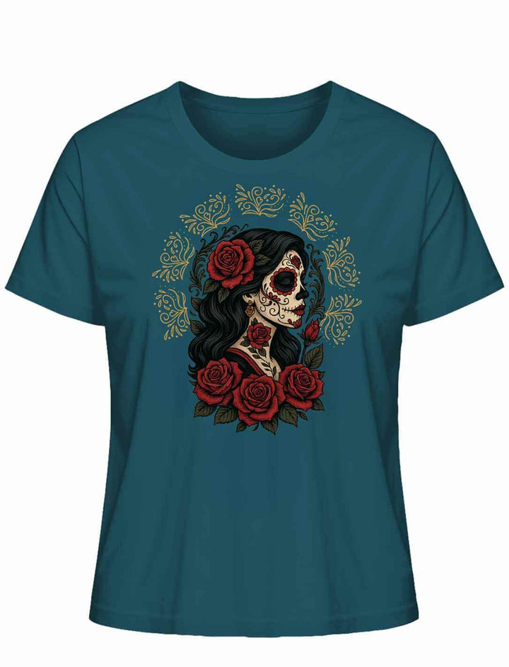 targazer Damen Organic Shirt „Catrina de las Rosas“ – La Catrina umrahmt von Rosen, mythisches Design voller Symbolik