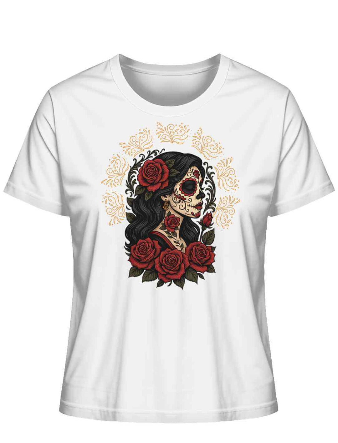 Weißes Damen Organic Shirt „Catrina de las Rosas“ – La Catrina mit Rosen, Symbol für Liebe, Vergänglichkeit und Kultur