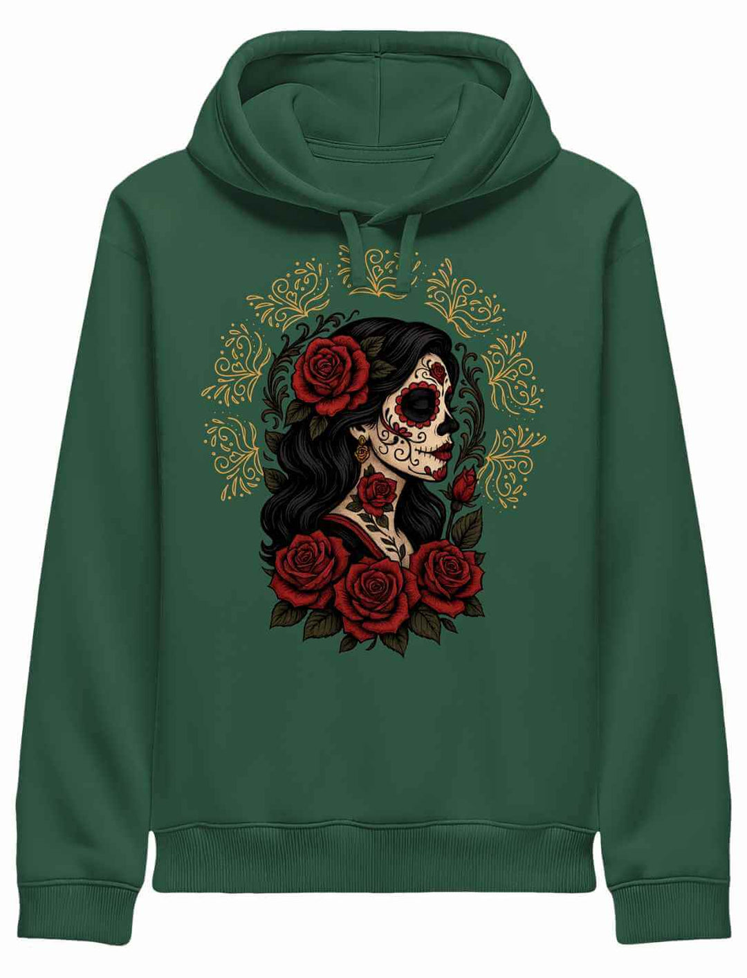 Bottle Green Organic Hoodie „Catrina de las Rosas“ – ikonisches Motiv von La Catrina mit Rosen, Symbol für Vergänglichkeit und Stärke