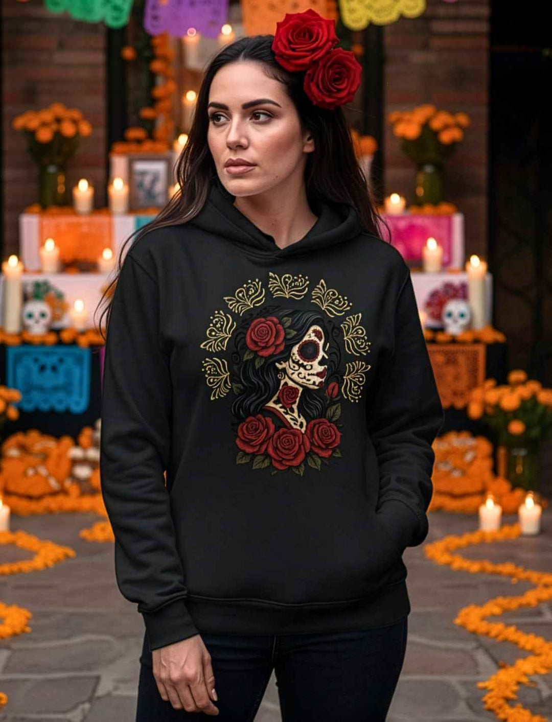 Frau trägt schwarzen Organic Hoodie „Catrina de las Rosas“ – inspiriert von La Catrina, Rosen und dem Día de los Muertos