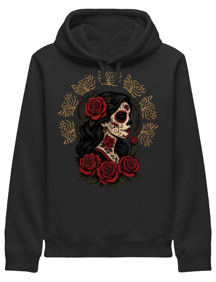 Schwarzer Organic Hoodie „Catrina de las Rosas“ – La Catrina mit Rosen, Symbol für Erinnerung, Liebe und mexikanische Kultur