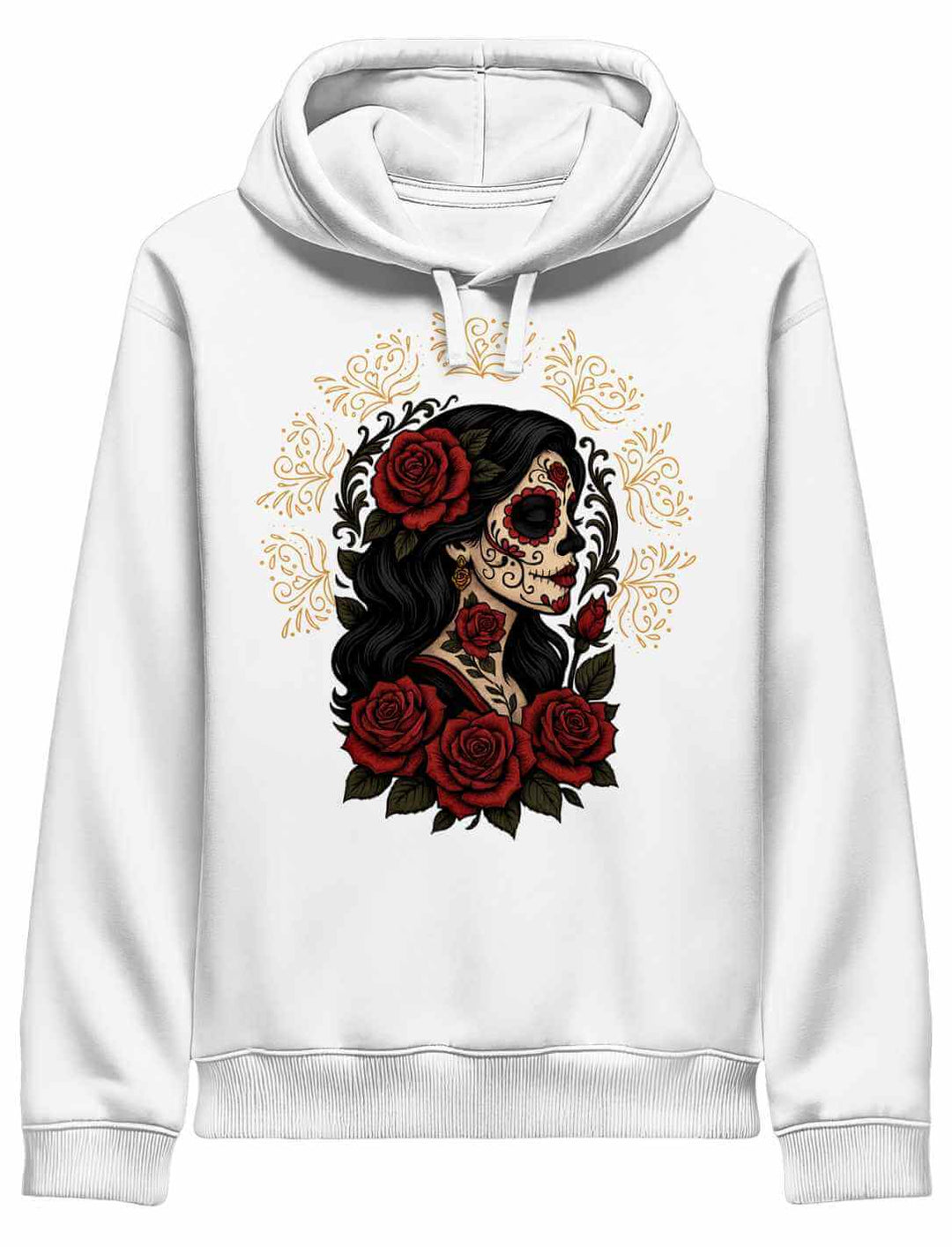 Weißer Organic Hoodie „Catrina de las Rosas“ – La Catrina mit Rosen, Symbol für Erinnerung und kulturelle Eleganz