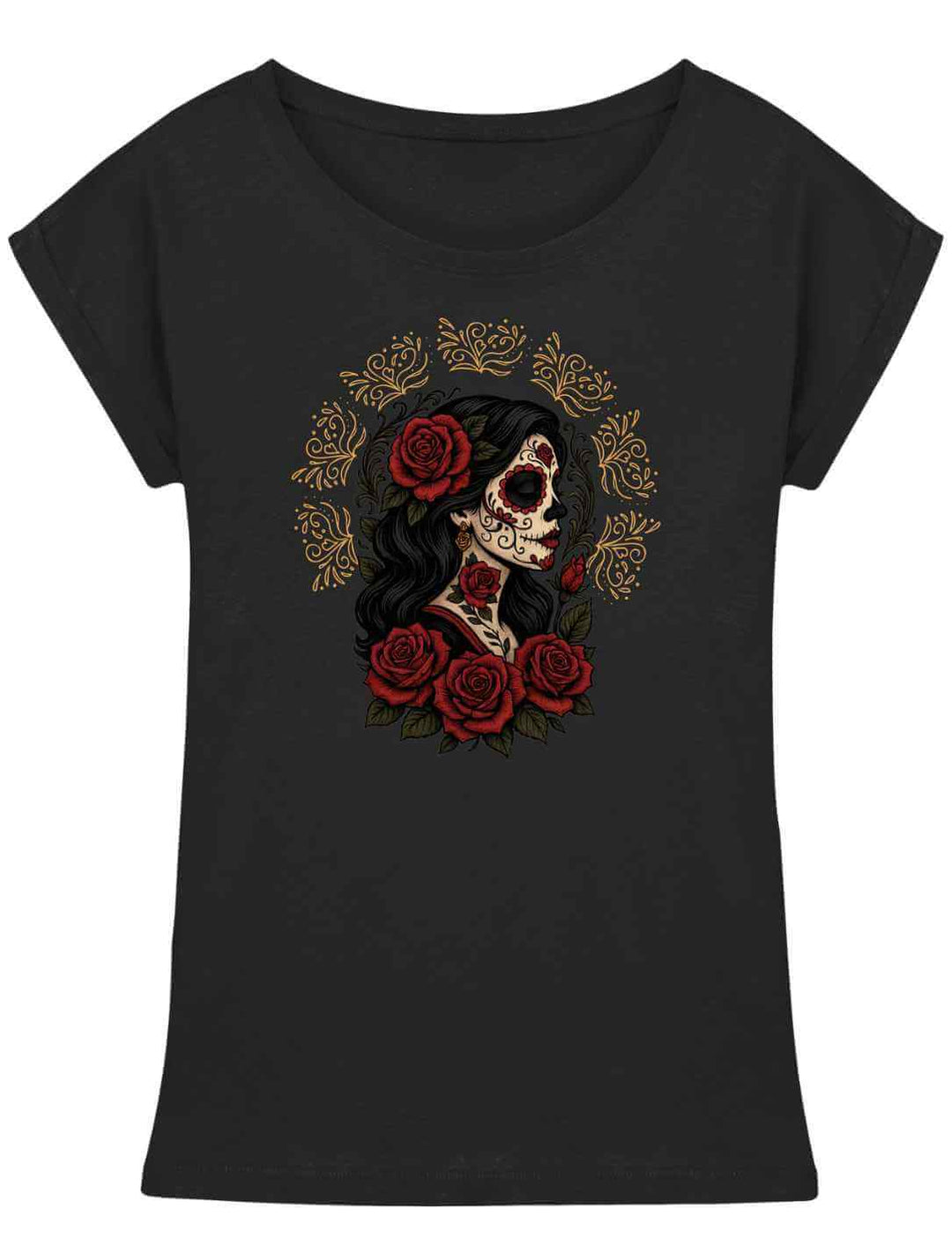 Schwarzes Damen Long Fit Shirt „Catrina de las Rosas“ – La Catrina mit Rosen, Symbol für Liebe, Erinnerung und Eleganz