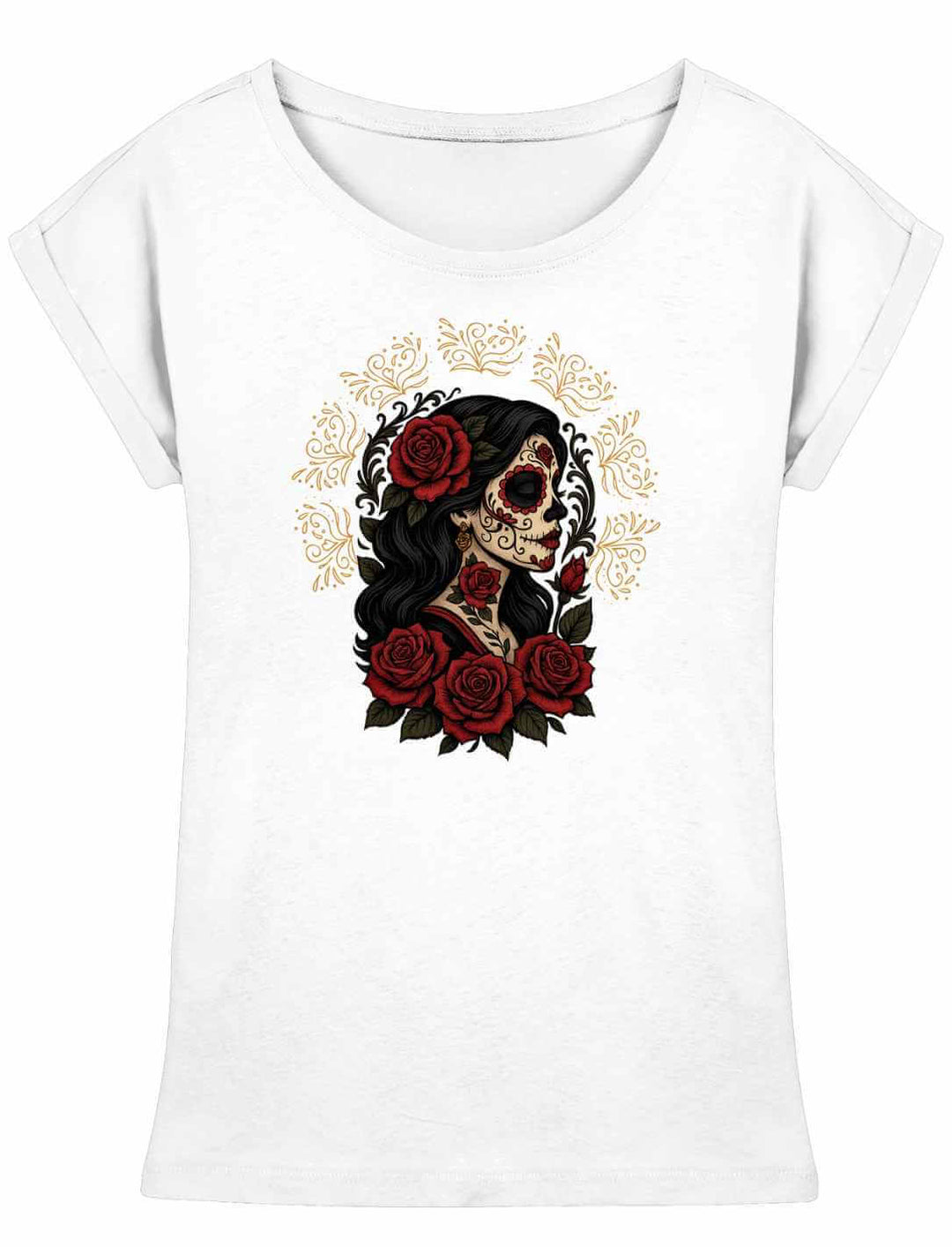 Weißes Damen Long Fit Shirt „Catrina de las Rosas“ – kunstvolles Motiv mit La Catrina und Rosen, inspiriert vom Día de los Muertos
