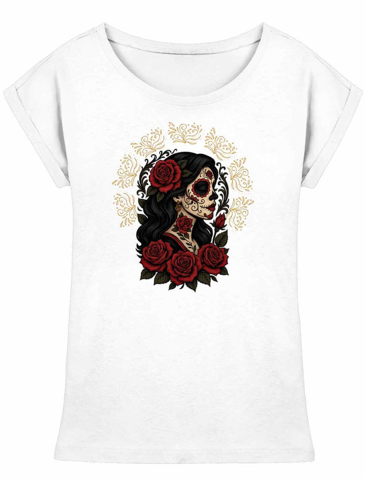 Weißes Damen Long Fit Shirt „Catrina de las Rosas“ – kunstvolles Motiv mit La Catrina und Rosen, inspiriert vom Día de los Muertos