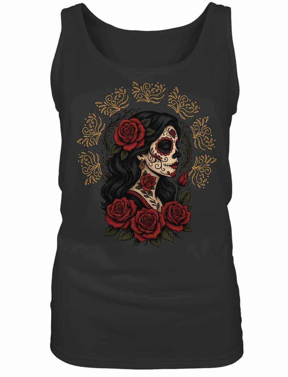 Schwarzes La Catrina Top mit Rosen und goldenen Ornamenten – mexikanisches Motiv aus der Runental Kollektion.