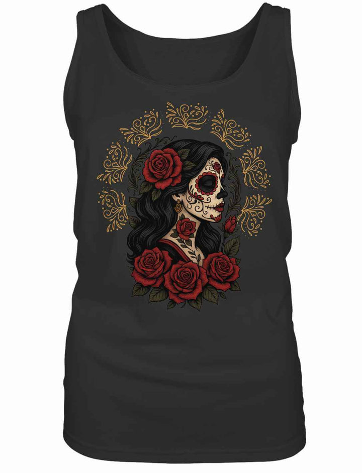Schwarzes La Catrina Top mit Rosen und goldenen Ornamenten – mexikanisches Motiv aus der Runental Kollektion.