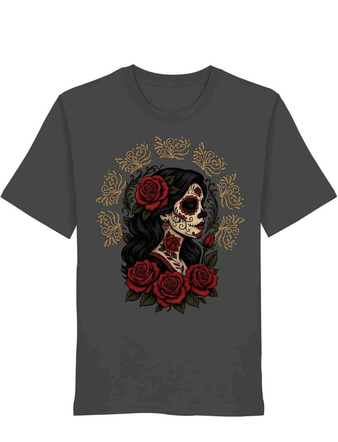 Anthrazit Unisex Organic Shirt „Catrina de las Rosas“ – Motiv von La Catrina mit Rosen, Symbol für Schönheit und Erinnerung