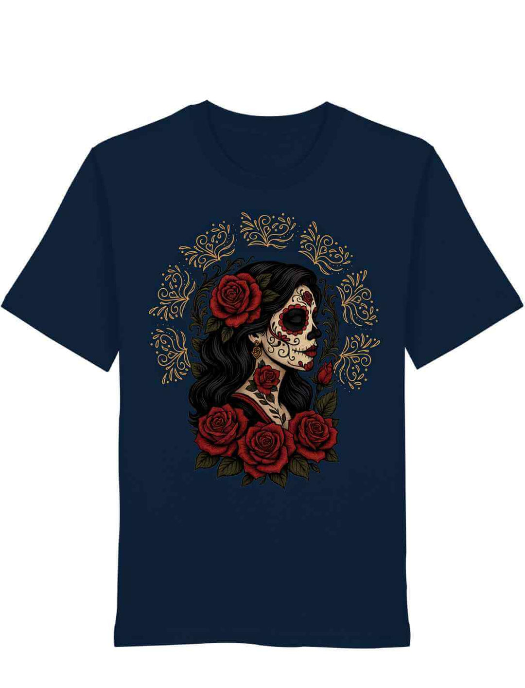 French Navy Unisex Organic Shirt „Catrina de las Rosas“ – La Catrina mit Rosen, inspiriert von mexikanischer Kultur und Symbolik