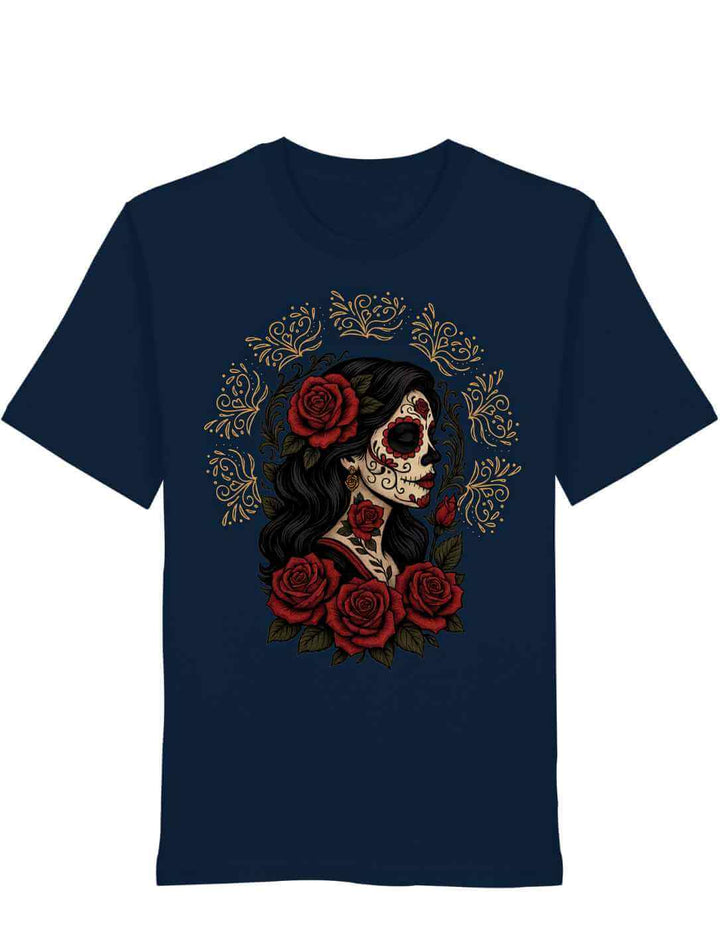 French Navy Unisex Organic Shirt „Catrina de las Rosas“ – La Catrina mit Rosen, inspiriert von mexikanischer Kultur und Symbolik