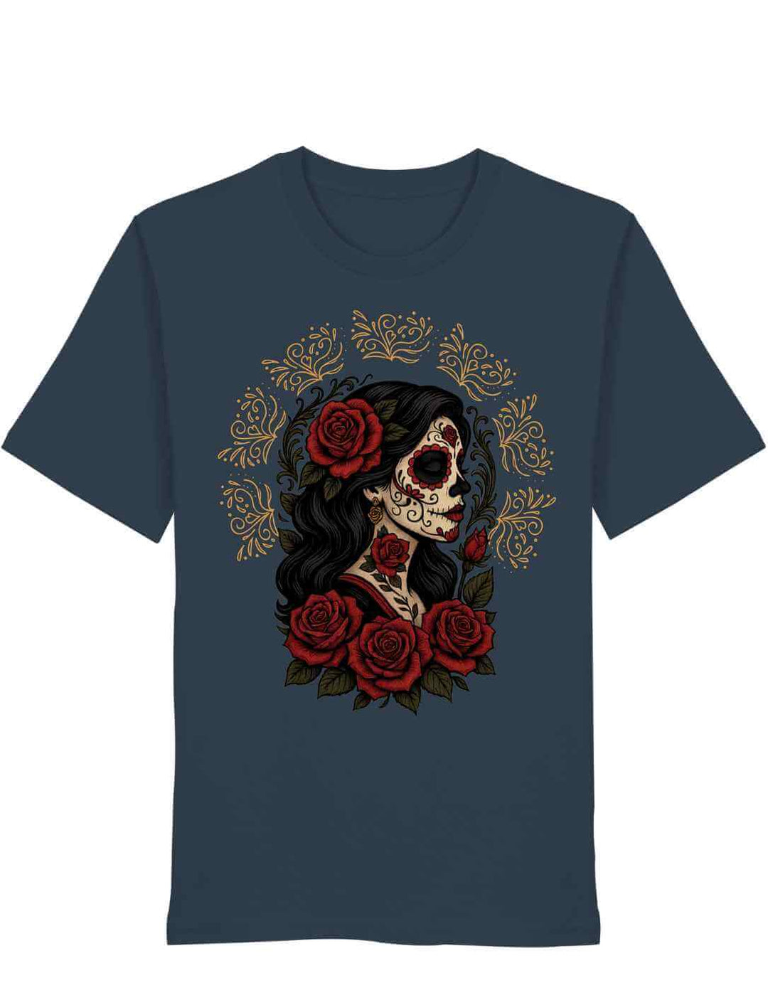 India Ink Grey Unisex Organic Shirt „Catrina de las Rosas“ – inspiriert von La Catrina, Rosen und mexikanischen Legenden