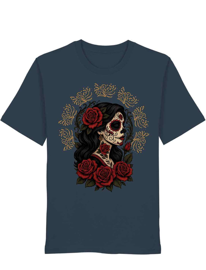 India Ink Grey Unisex Organic Shirt „Catrina de las Rosas“ – inspiriert von La Catrina, Rosen und mexikanischen Legenden