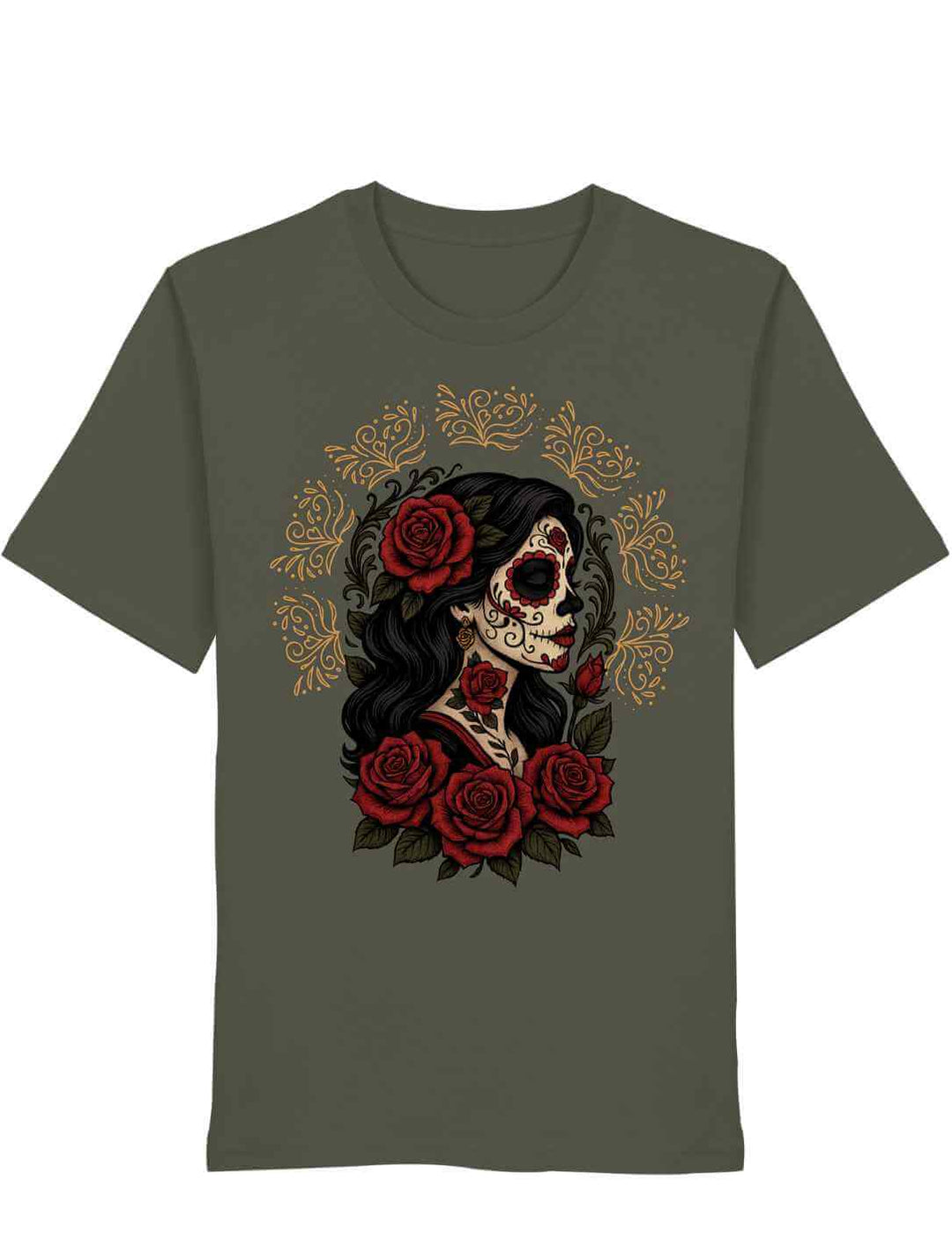 Khaki Unisex Organic Shirt „Catrina de las Rosas“ – La Catrina von Rosen umgeben, Erinnerung an Día de los Muertos