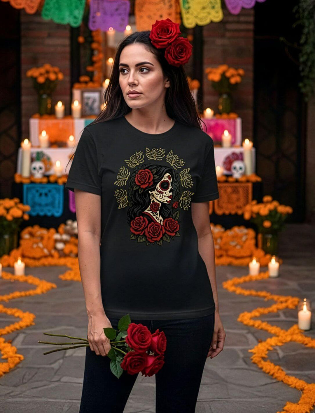 Frau trägt schwarzes Unisex Organic Shirt „Catrina de las Rosas“ – inspiriert von La Catrina, Rosen und dem Día de los Muertos