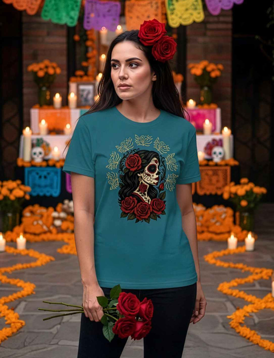 Frau trägt Stargazer Unisex Organic Shirt „Catrina de las Rosas“ – mexikanische Ikone La Catrina mit Rosen, inspiriert vom Día de los Muertos