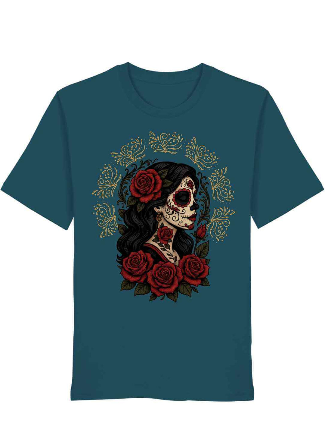 Stargazer Unisex Organic Shirt „Catrina de las Rosas“ – La Catrina mit roten Rosen, Symbol für Vergänglichkeit und Liebe