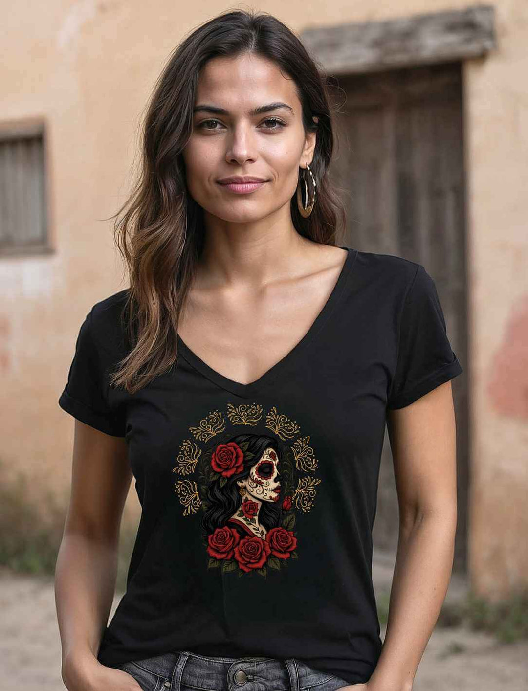 Frau trägt schwarzes Damen V-Neck Shirt „Catrina de las Rosas“ – inspiriert von La Catrina, den Rosen und der Magie des Día de los Muertos