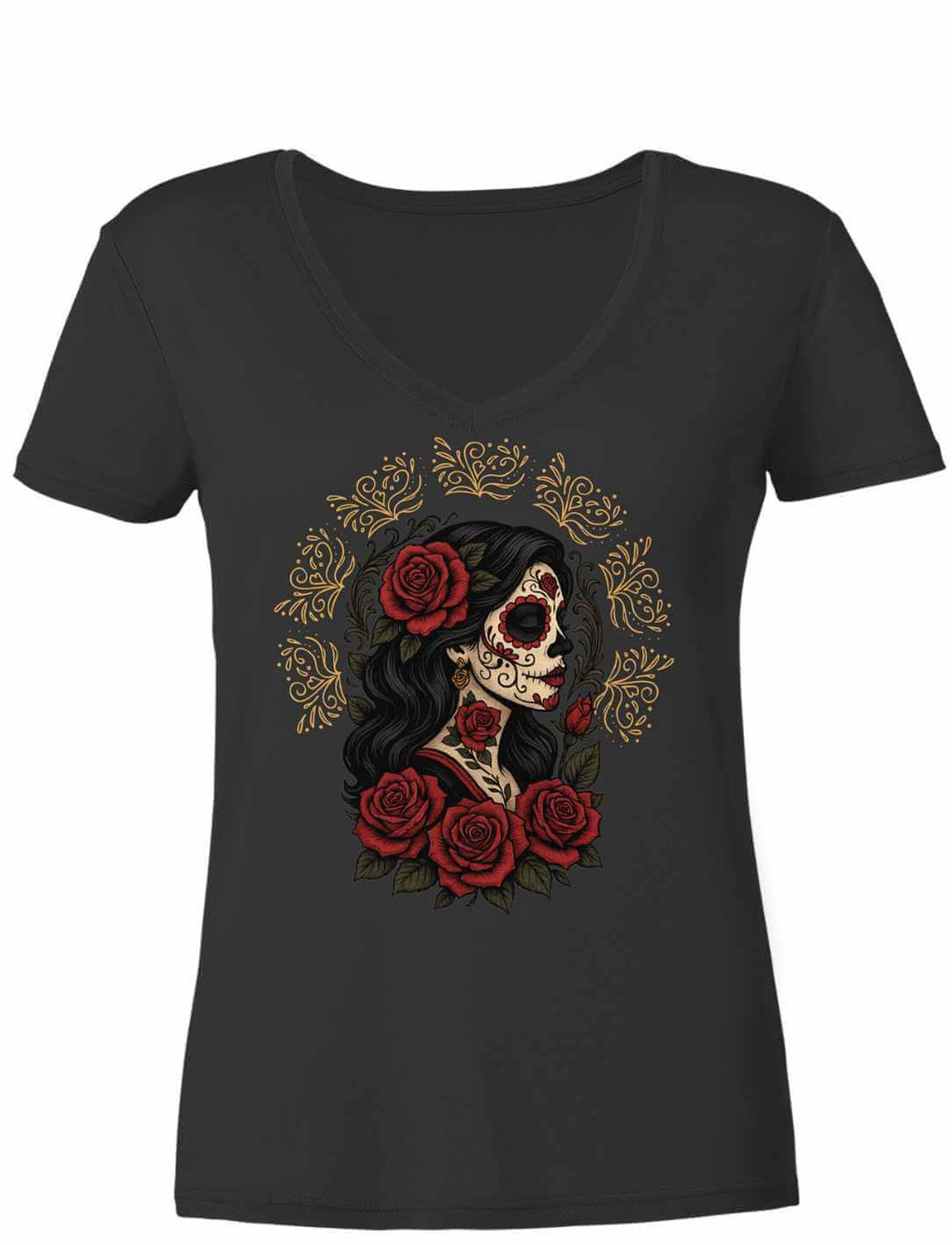 Schwarzes Damen V-Neck Shirt „Catrina de las Rosas“ – La Catrina mit roten Rosen, Symbol für Liebe, Erinnerung und Stärke