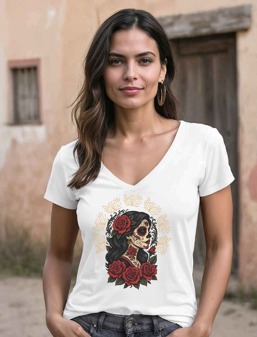 Frau trägt weißes Damen V-Neck Shirt „Catrina de las Rosas“ – La Catrina inmitten roter Rosen, inspiriert von mexikanischer Kultur und Legende