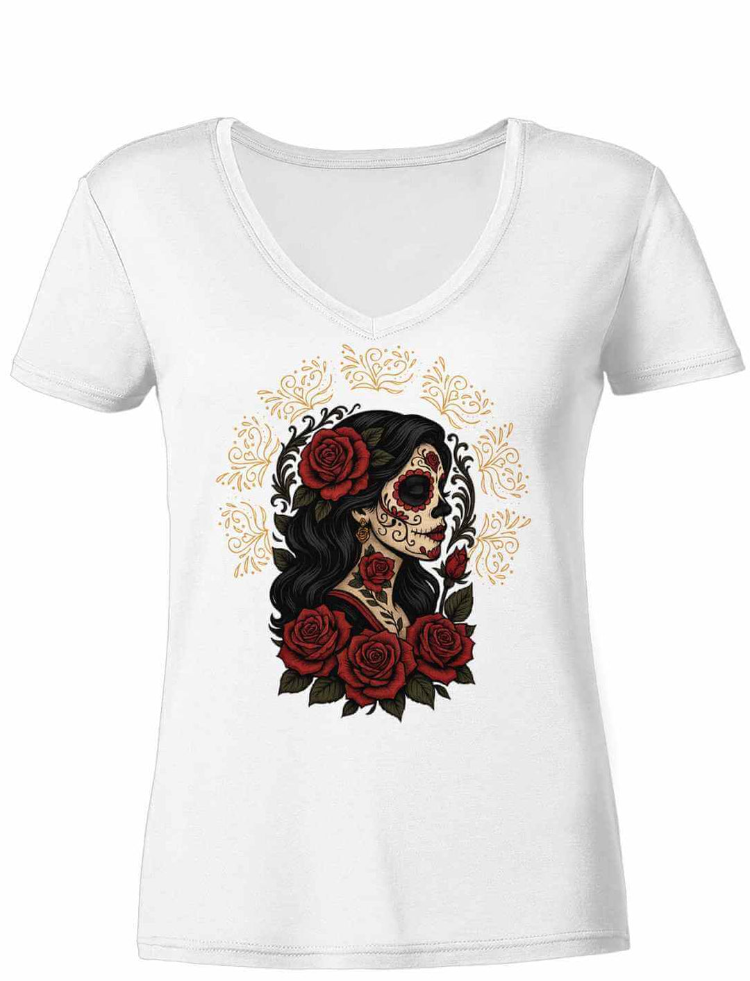 Weißes Damen V-Neck Shirt „Catrina de las Rosas“ – kunstvolles Motiv von La Catrina mit Rosen, Sinnbild für Vergänglichkeit und Schönheit
