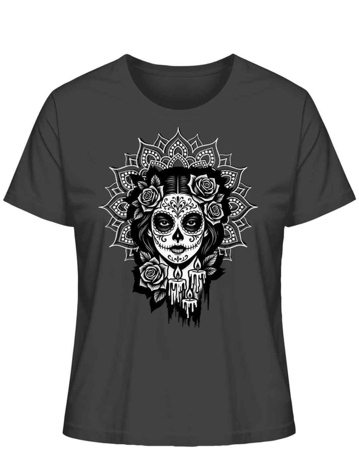 T-Shirt in Anthrazit mit „Catrina de las Sombras“ Design – inspiriert von Mexico, Día de los Muertos und La Catrina