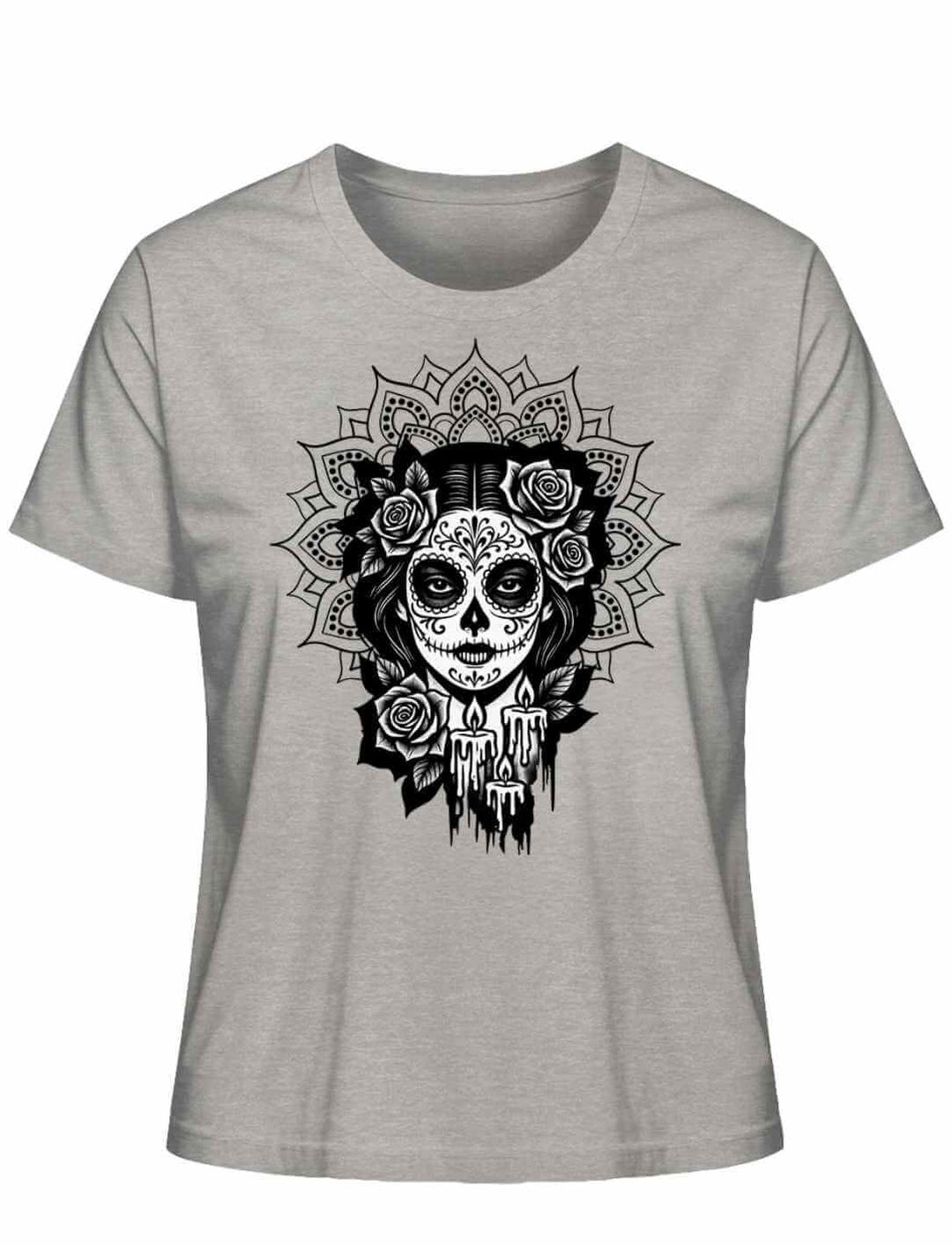 T-Shirt in Heather Grey mit „Catrina de las Sombras“ Design – inspiriert von Mexico, Día de los Muertos und La Catrina