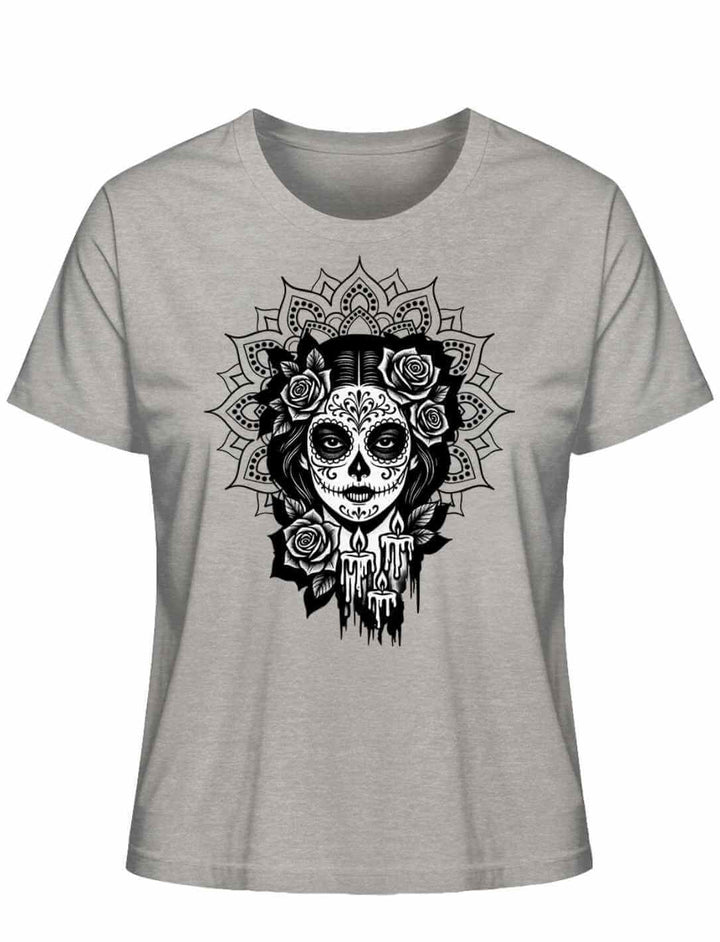 T-Shirt in Heather Grey mit „Catrina de las Sombras“ Design – inspiriert von Mexico, Día de los Muertos und La Catrina