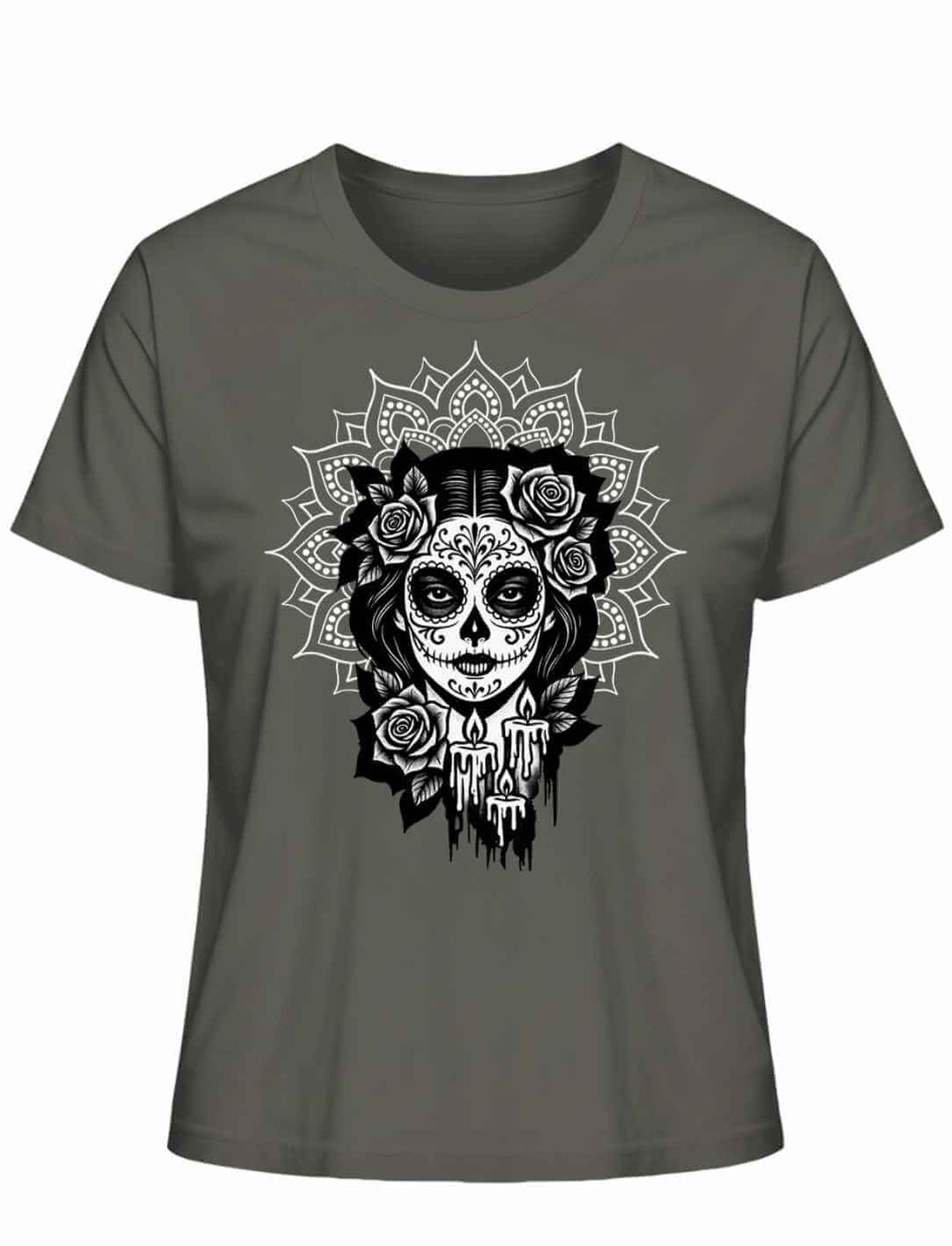 T-Shirt in Khaki mit „Catrina de las Sombras“ Design – inspiriert von Mexico, Día de los Muertos und La Catrina