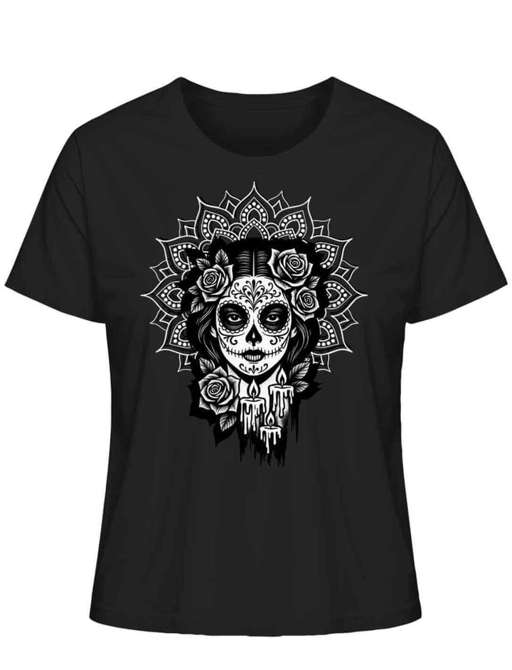 T-Shirt in Schwarz mit „Catrina de las Sombras“ Design – inspiriert von Mexico, Día de los Muertos und La Catrina