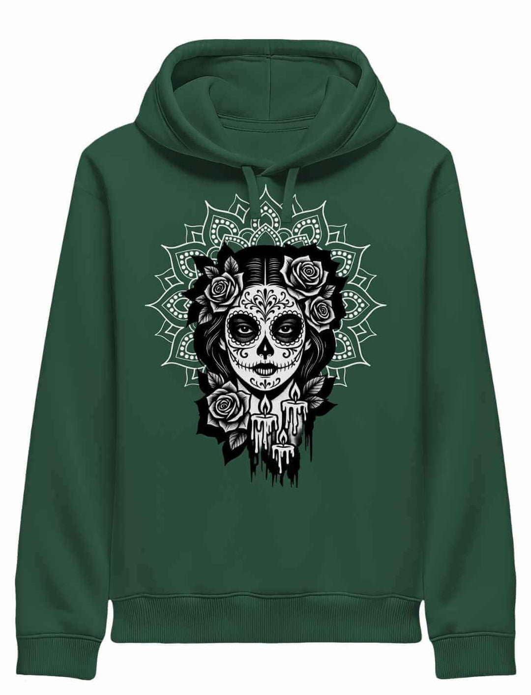 Grüner Unisex Organic Hoodie in Green Bay mit „Catrina de las Sombras“ Design – Mexico, Día de los Muertos, La Catrina