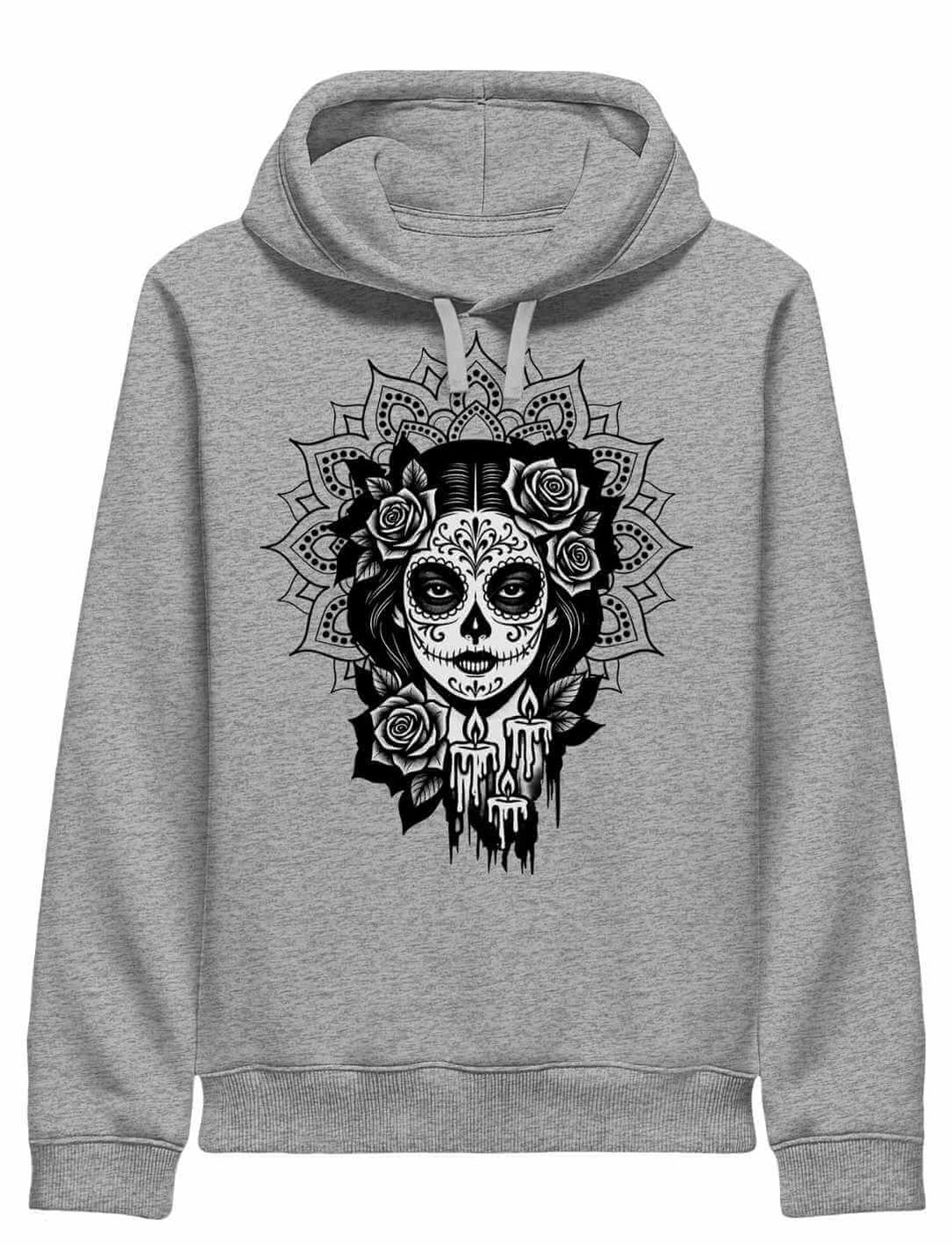 Heather Grey Unisex Organic Hoodie mit „Catrina de las Sombras“ Design – Mexico, Día de los Muertos, La Catrina