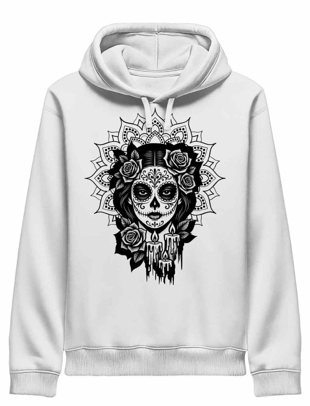 Weißer Unisex Organic Hoodie mit „Catrina de las Sombras“ Design – Mexico, Día de los Muertos, La Catrina