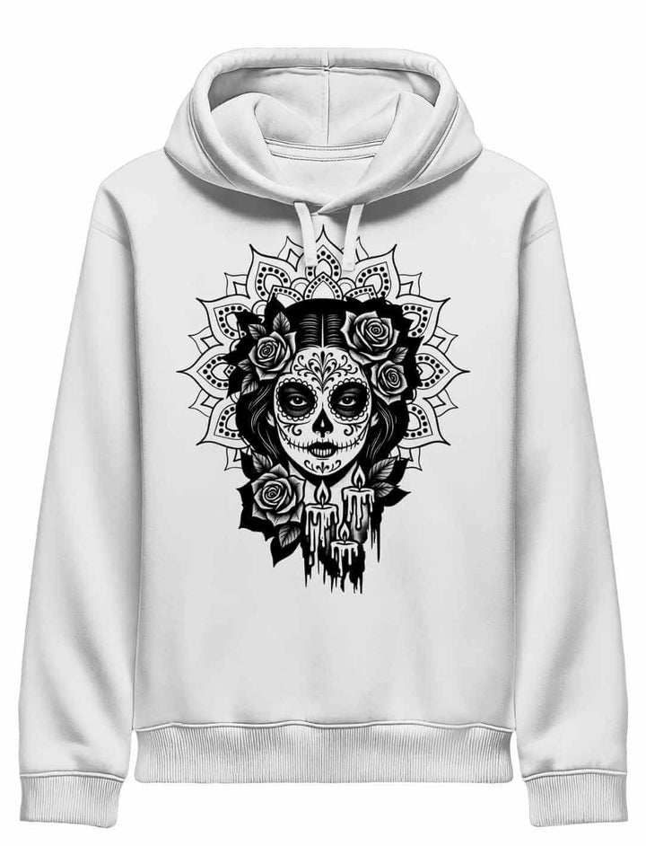 Weißer Unisex Organic Hoodie mit „Catrina de las Sombras“ Design – Mexico, Día de los Muertos, La Catrina