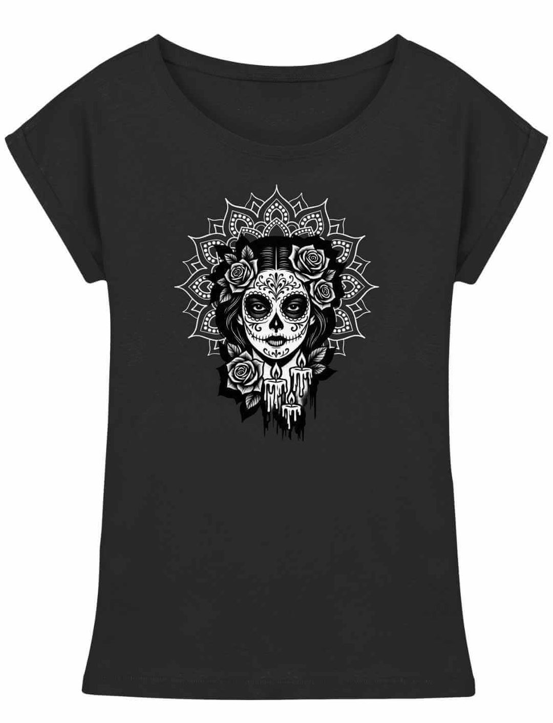 Damen Longfit Shirt in Schwarz mit „Catrina de las Sombras“ Design – Mexico, Día de los Muertos, La Catrina