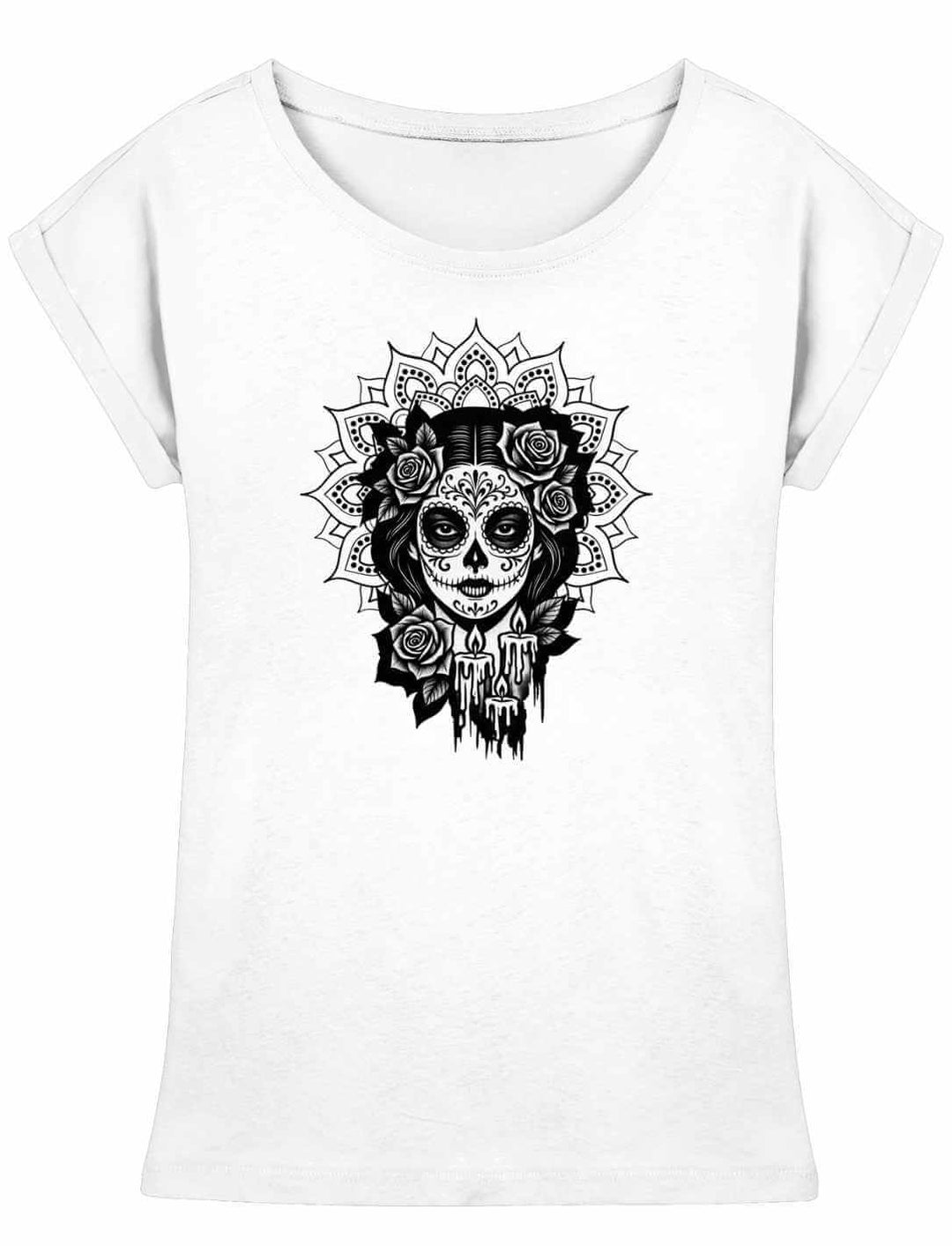 Damen Longfit Shirt in Weiß mit „Catrina de las Sombras“ Design – Mexico, Día de los Muertos, La Catrina