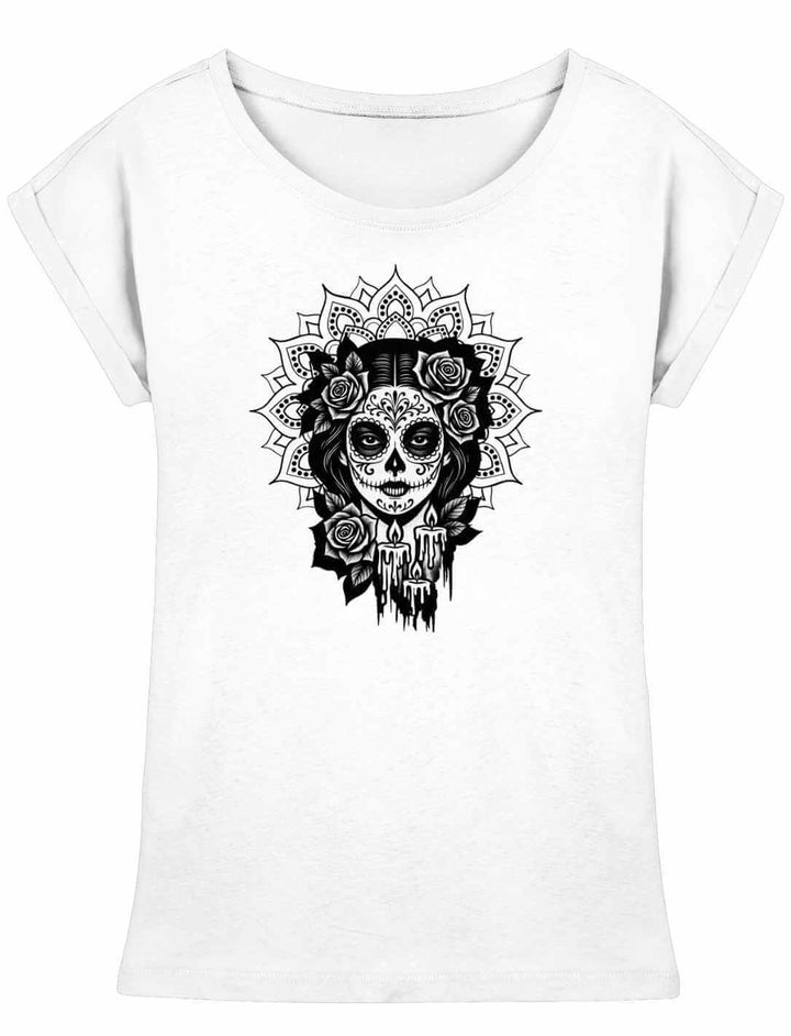 Damen Longfit Shirt in Weiß mit „Catrina de las Sombras“ Design – Mexico, Día de los Muertos, La Catrina