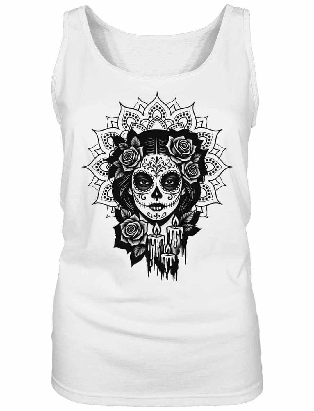 Damen Tanktop in Weiß mit „Catrina de las Sombras“ Design – Mexico, Día de los Muertos, La Catrina