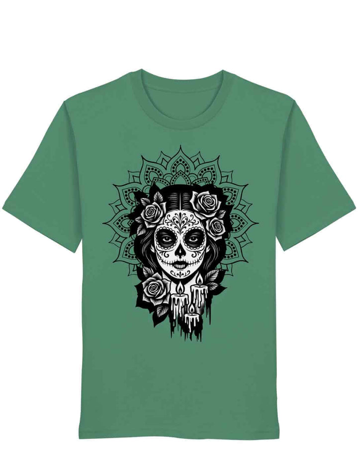 Unisex Organic Shirt in Green Bay mit „Catrina de las Sombras“ Design – Mexico, Día de los Muertos, La Catrina