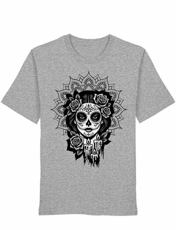 Unisex Organic Shirt in Heather Grey mit „Catrina de las Sombras“ Design – Mexico, Día de los Muertos, La Catrina
