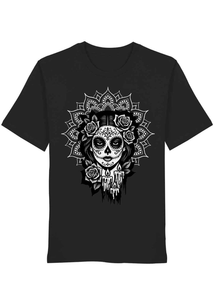 Unisex Organic Shirt in Schwarz mit „Catrina de las Sombras“ Design – Mexico, Día de los Muertos, La Catrina