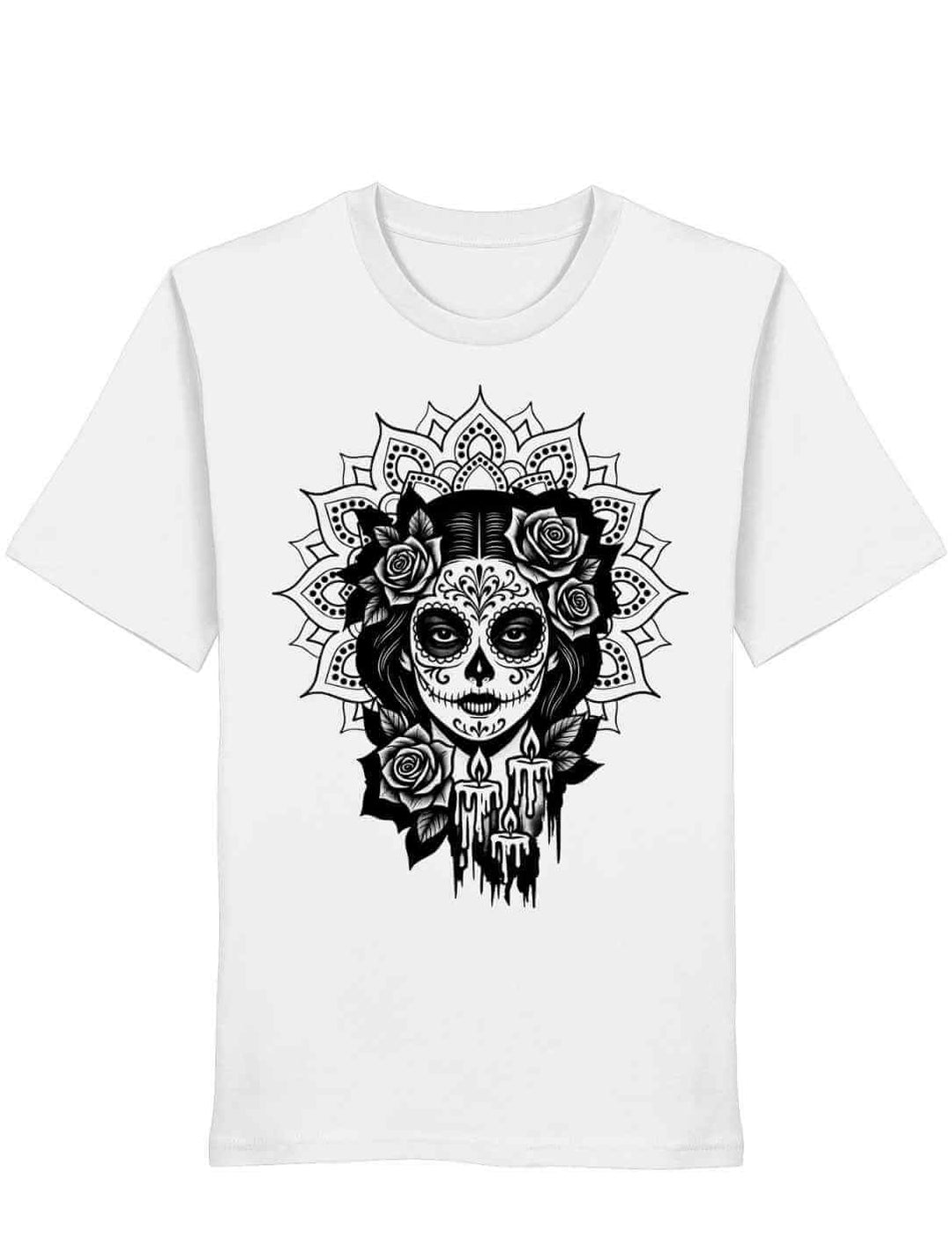 Unisex Organic Shirt in Weiß mit „Catrina de las Sombras“ Design – Mexico, Día de los Muertos, La Catrina