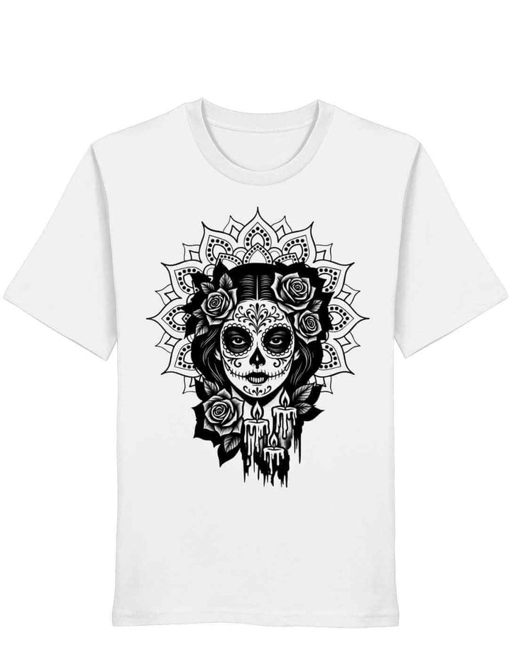 Unisex Organic Shirt in Weiß mit „Catrina de las Sombras“ Design – Mexico, Día de los Muertos, La Catrina