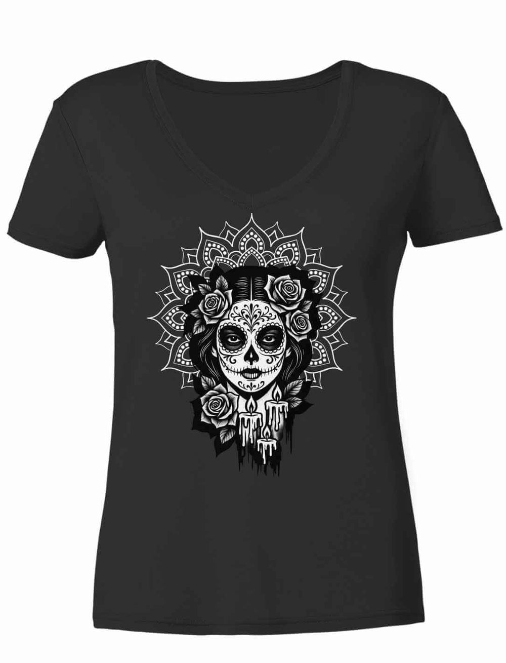 Damen V-Neck Shirt in Schwarz mit „Catrina de las Sombras“ Design – Mexico, Día de los Muertos, La Catrina