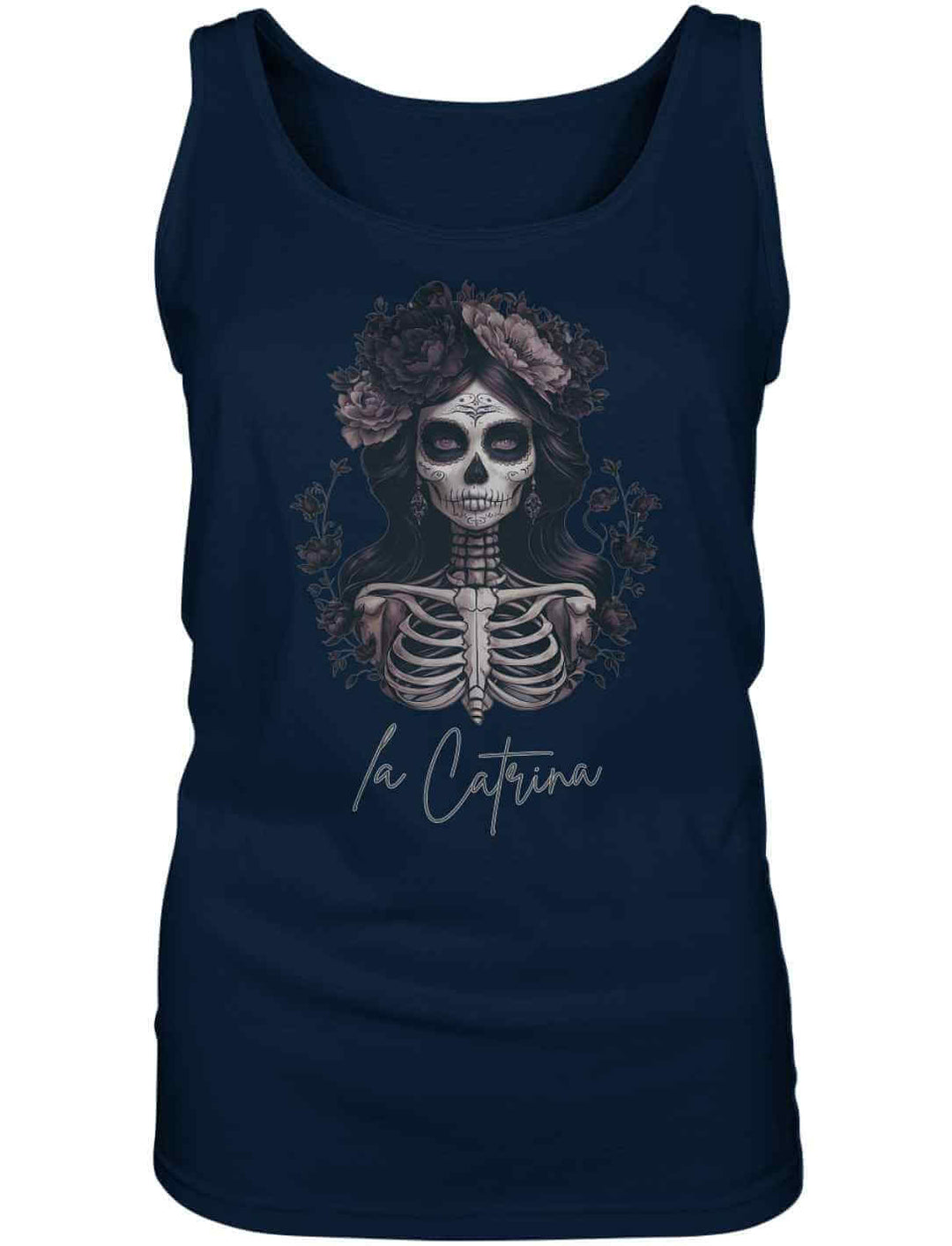 Catrina Deluxe Damen Tank Top in Navy – Traditionelles La Catrina Design, aufgenommen auf weißem Hintergrund