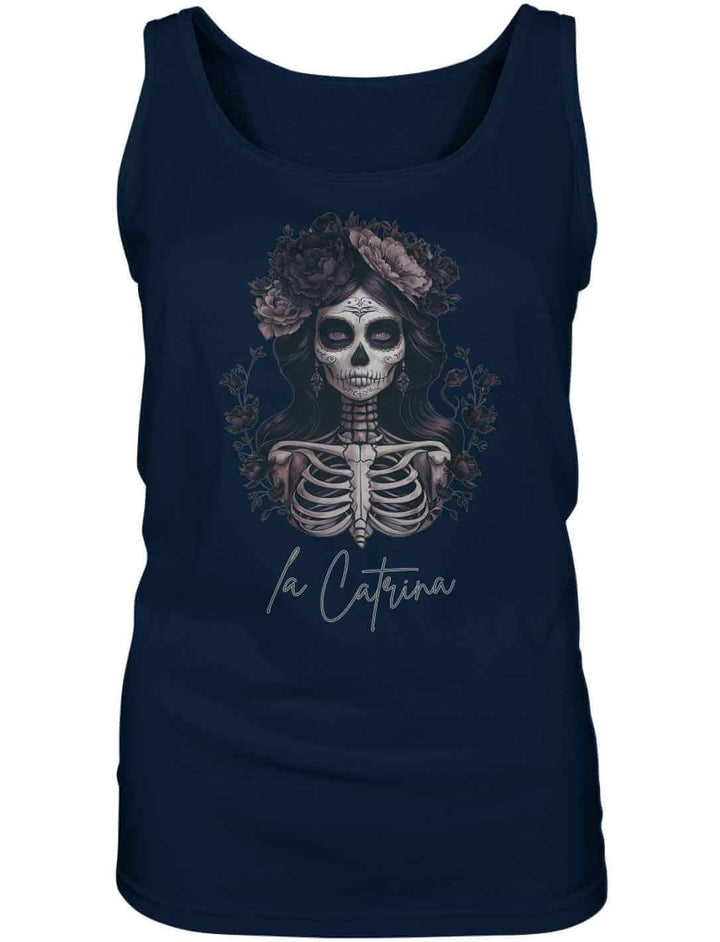 Catrina Deluxe Damen Tank Top in Navy – Traditionelles La Catrina Design, aufgenommen auf weißem Hintergrund