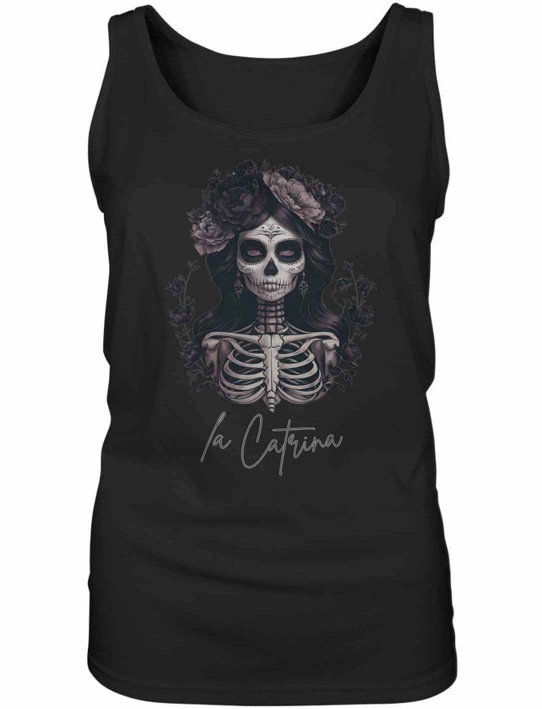 Catrina Deluxe Damen Tank Top in Schwarz – Ausdrucksstarkes Día de los Muertos Design, fotografiert auf weißem Hintergrund