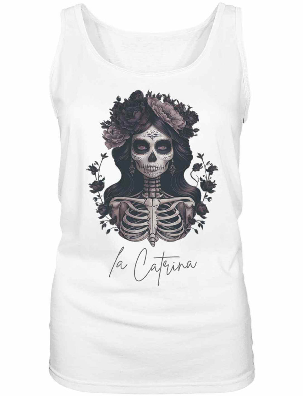 Catrina Deluxe Damen Tank Top in Weiss – Elegantes mexikanisches Design, abgebildet vor weissem Hintergrund